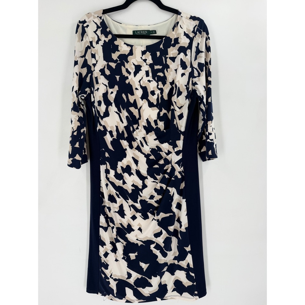 Lauren Ralph Lauren Sheath Dress Womens 16 Navy Abstract Ruched Career Modern
